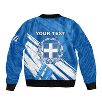 Blue bomber jacket back with Greek emblem, laurel wreath, and flag stripes