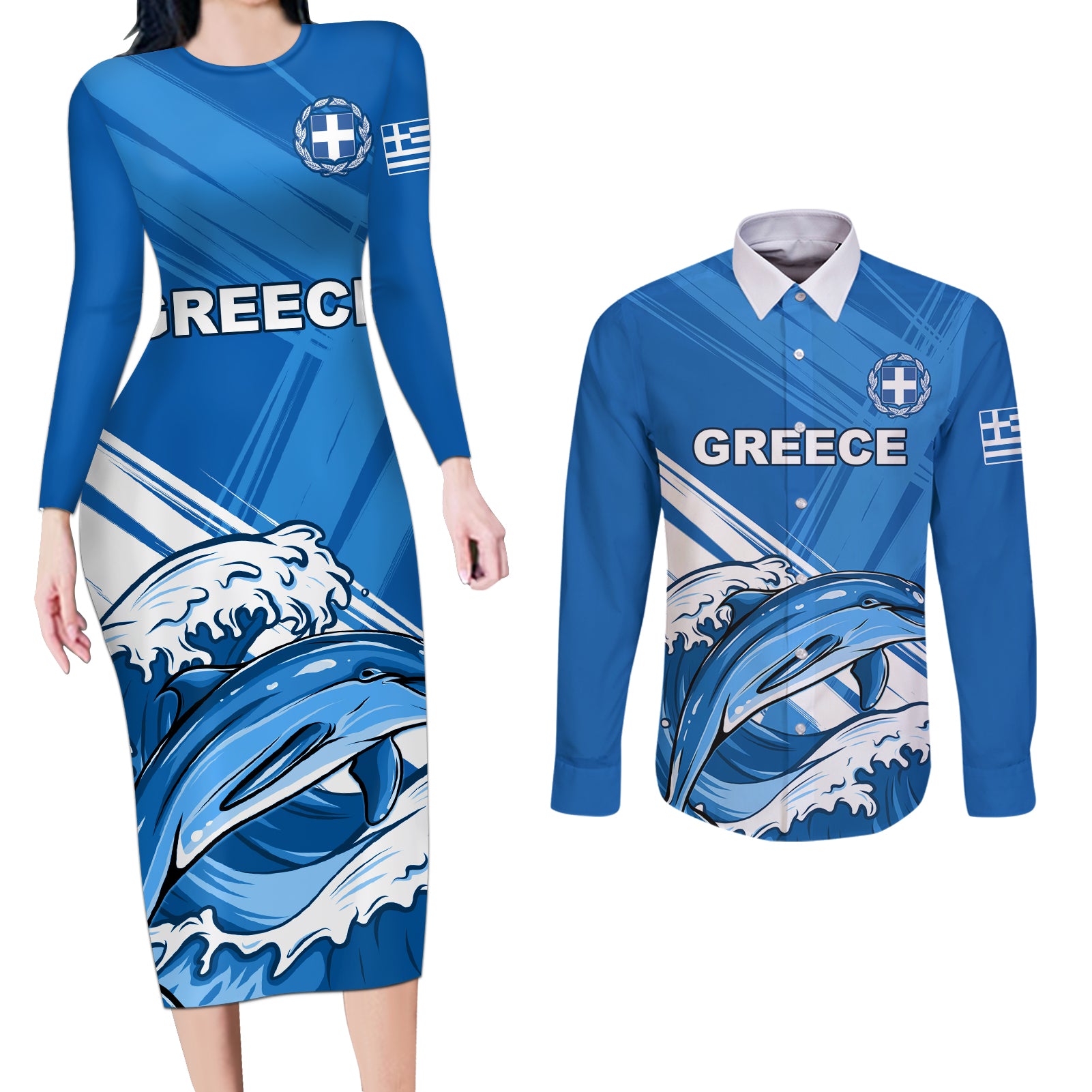 Greece Independence Day Couples Matching Long Sleeve Bodycon Dress and Long Sleeve Button Shirt Eleftheria i Thanatos Dolphin Jumping - Wonder Print Shop