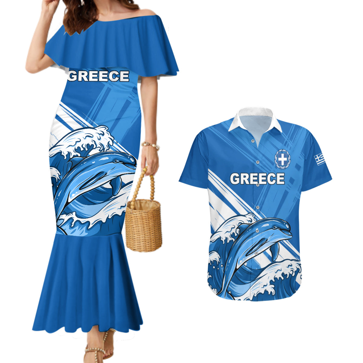 Greece Independence Day Couples Matching Mermaid Dress and Hawaiian Shirt Eleftheria i Thanatos Dolphin Jumping - Wonder Print Shop