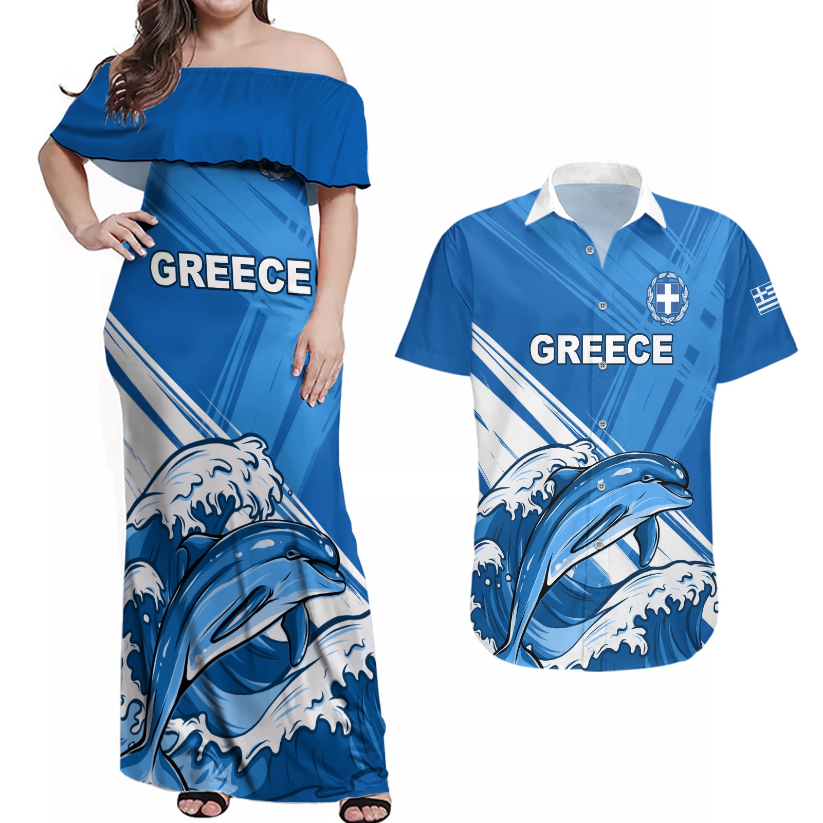 Greece Independence Day Couples Matching Off Shoulder Maxi Dress and Hawaiian Shirt Eleftheria i Thanatos Dolphin Jumping - Wonder Print Shop