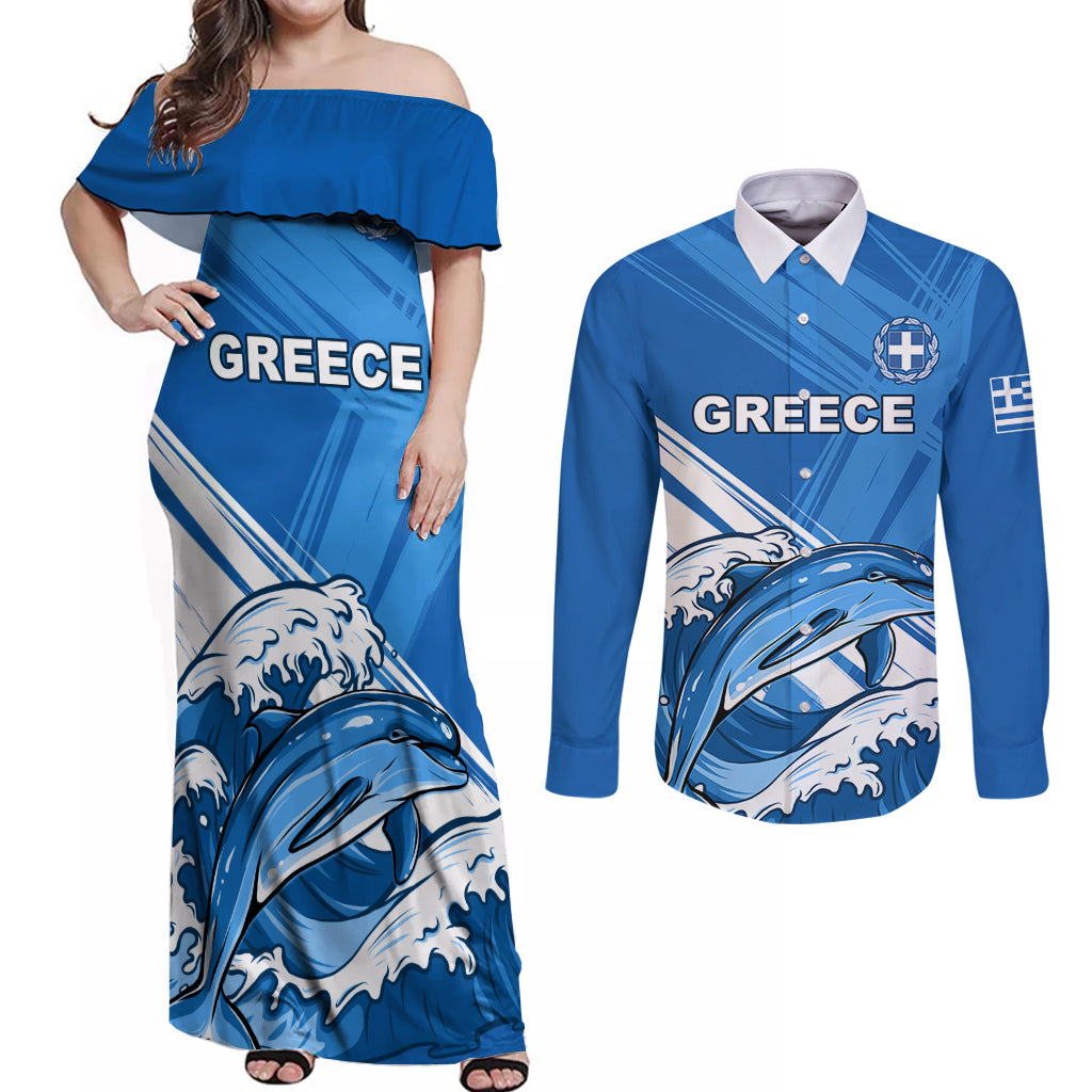 Greece Independence Day Couples Matching Off Shoulder Maxi Dress and Long Sleeve Button Shirt Eleftheria i Thanatos Dolphin Jumping - Wonder Print Shop