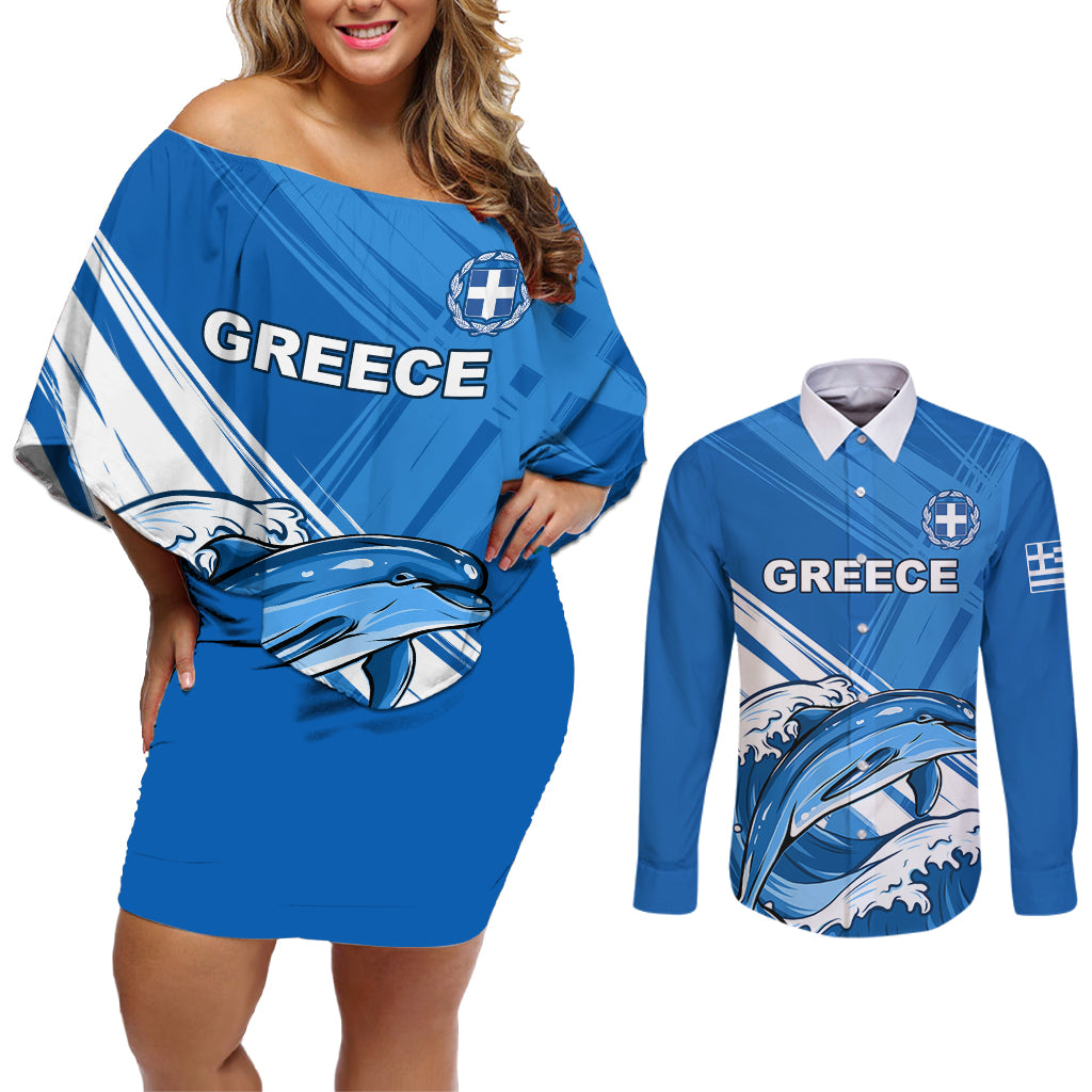 Greece Independence Day Couples Matching Off Shoulder Short Dress and Long Sleeve Button Shirt Eleftheria i Thanatos Dolphin Jumping - Wonder Print Shop