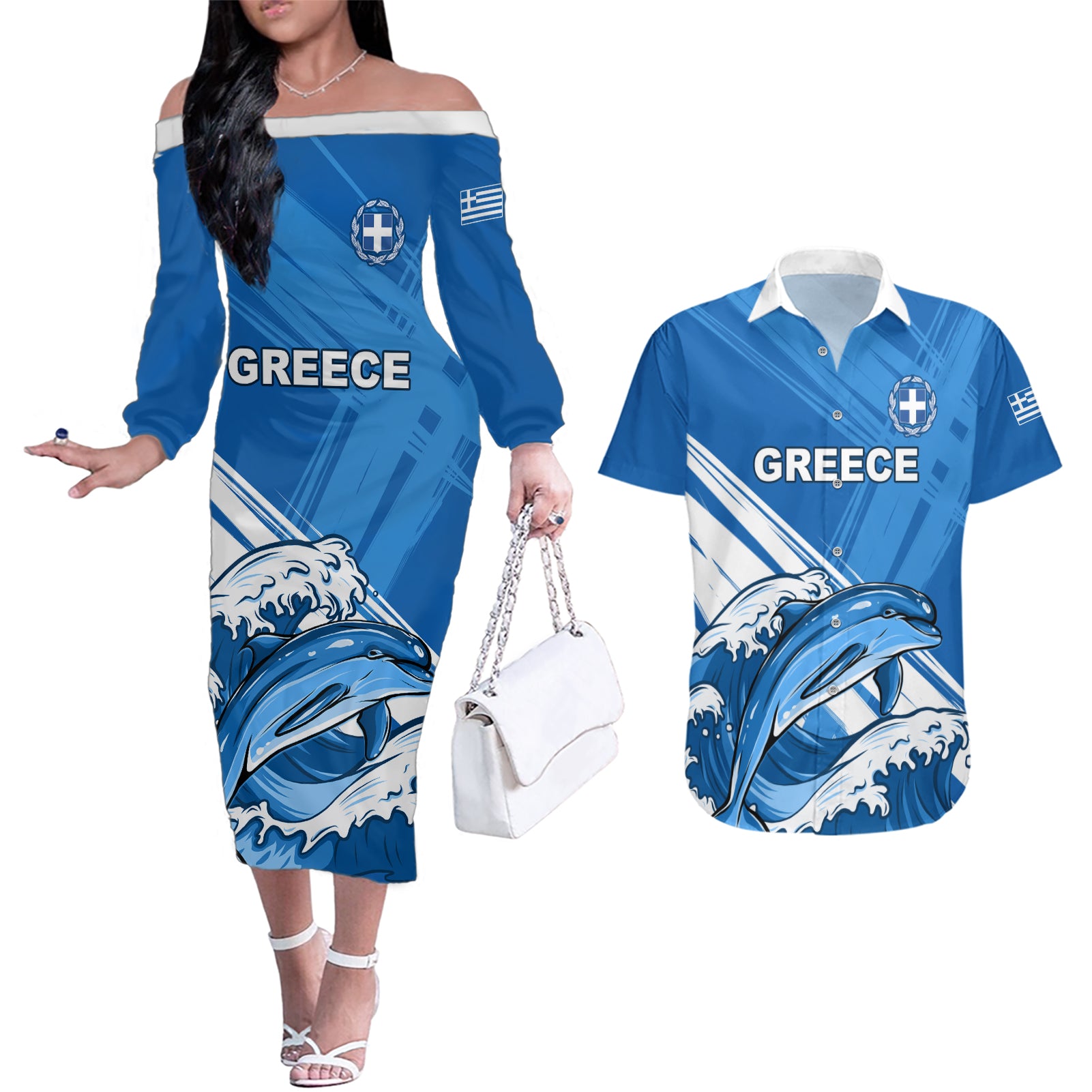 Greece Independence Day Couples Matching Off The Shoulder Long Sleeve Dress and Hawaiian Shirt Eleftheria i Thanatos Dolphin Jumping - Wonder Print Shop