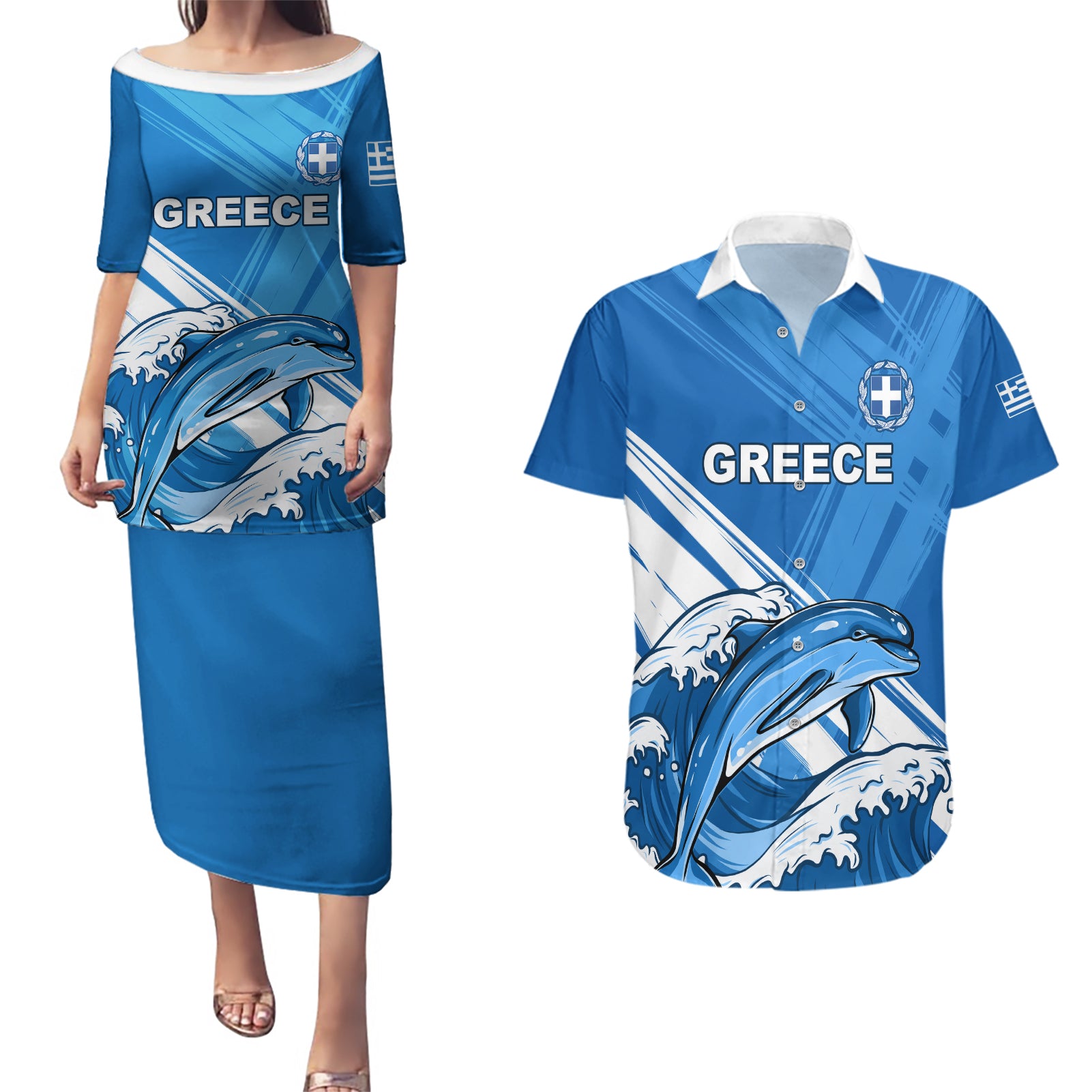 Greece Independence Day Couples Matching Puletasi and Hawaiian Shirt Eleftheria i Thanatos Dolphin Jumping - Wonder Print Shop