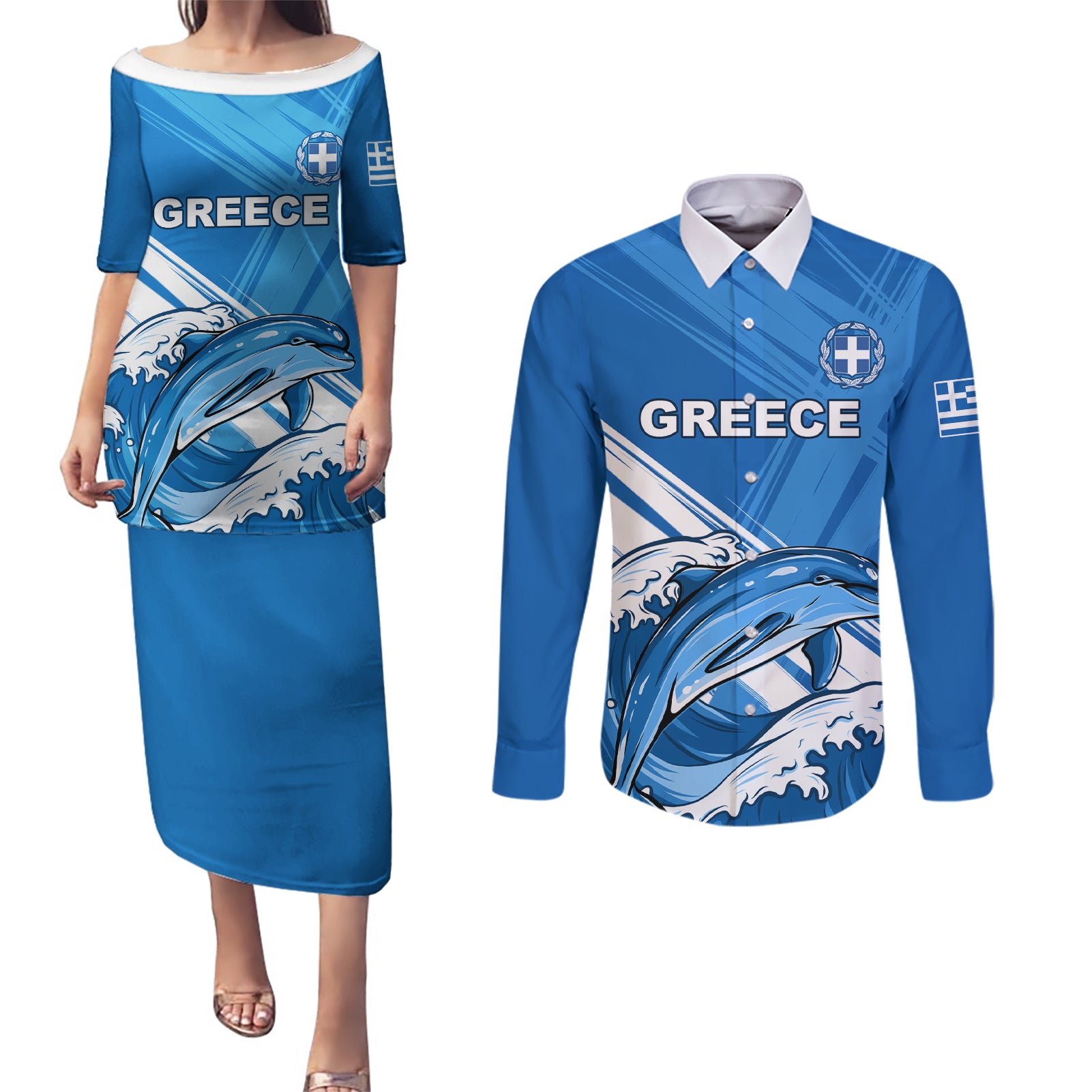 Greece Independence Day Couples Matching Puletasi and Long Sleeve Button Shirt Eleftheria i Thanatos Dolphin Jumping - Wonder Print Shop