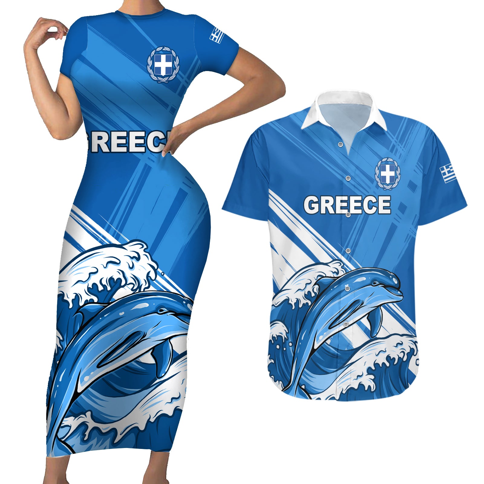 Greece Independence Day Couples Matching Short Sleeve Bodycon Dress and Hawaiian Shirt Eleftheria i Thanatos Dolphin Jumping - Wonder Print Shop