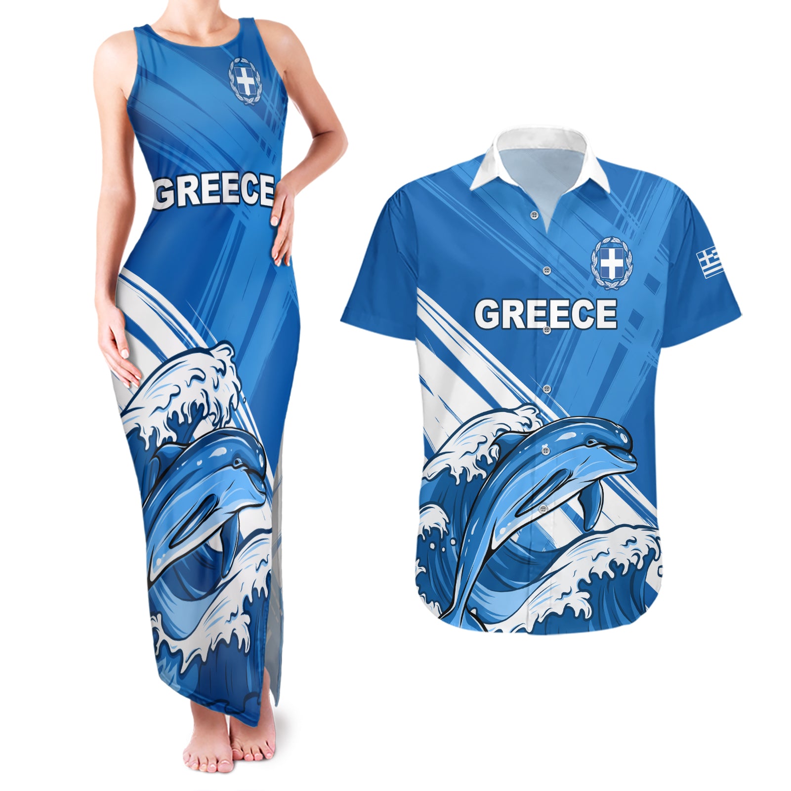 Greece Independence Day Couples Matching Tank Maxi Dress and Hawaiian Shirt Eleftheria i Thanatos Dolphin Jumping - Wonder Print Shop