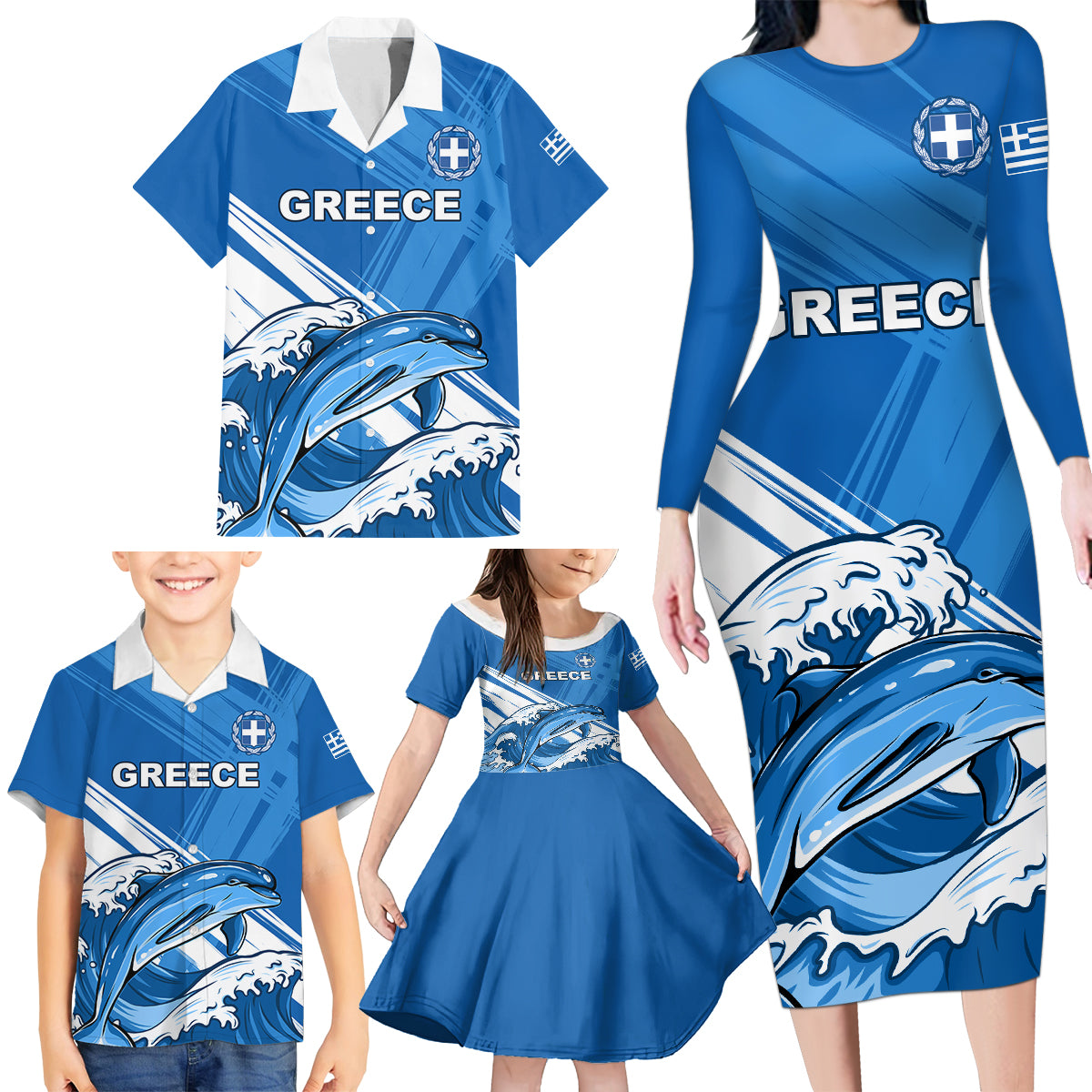 Greece Independence Day Family Matching Long Sleeve Bodycon Dress and Hawaiian Shirt Eleftheria i Thanatos Dolphin Jumping - Wonder Print Shop