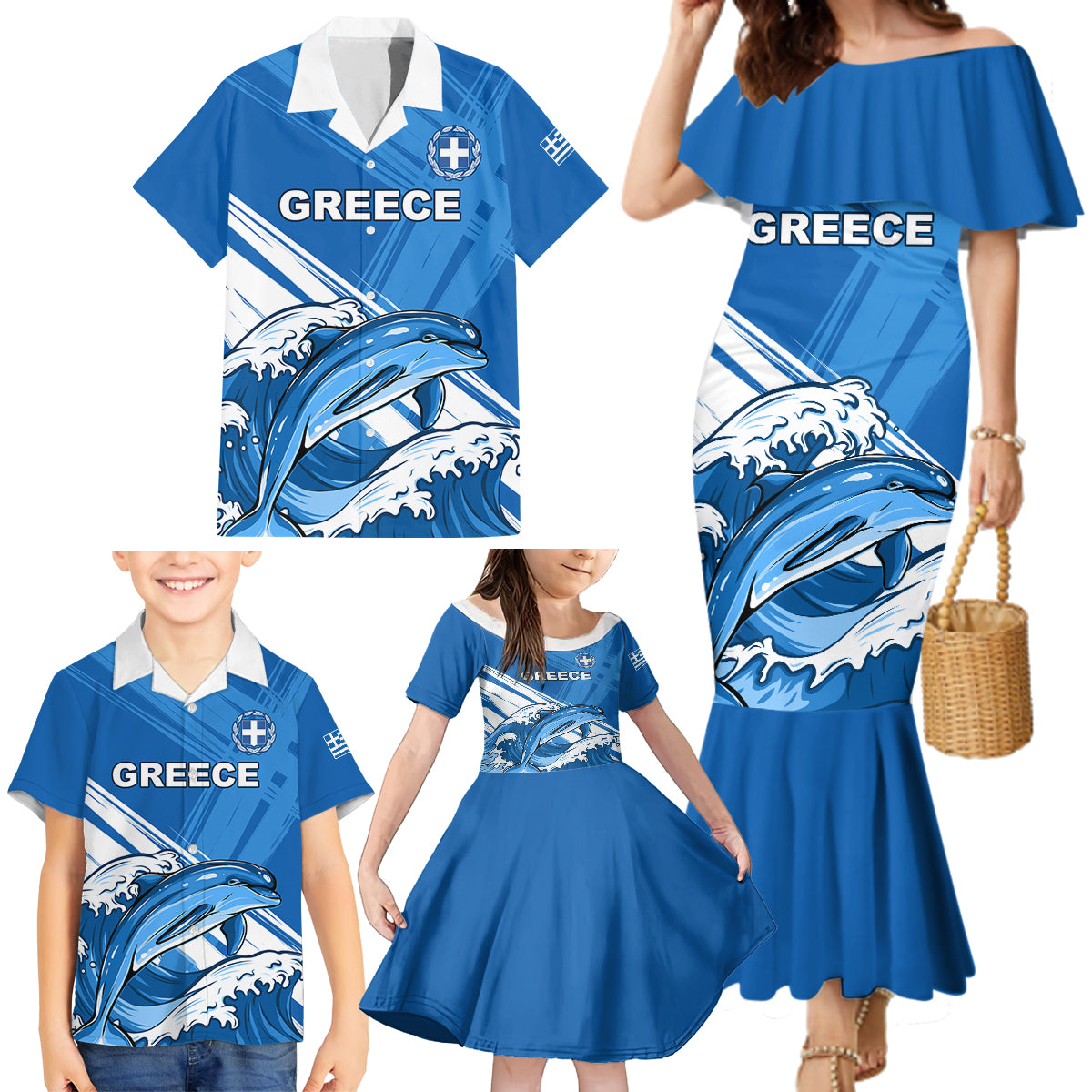 Greece Independence Day Family Matching Mermaid Dress and Hawaiian Shirt Eleftheria i Thanatos Dolphin Jumping - Wonder Print Shop