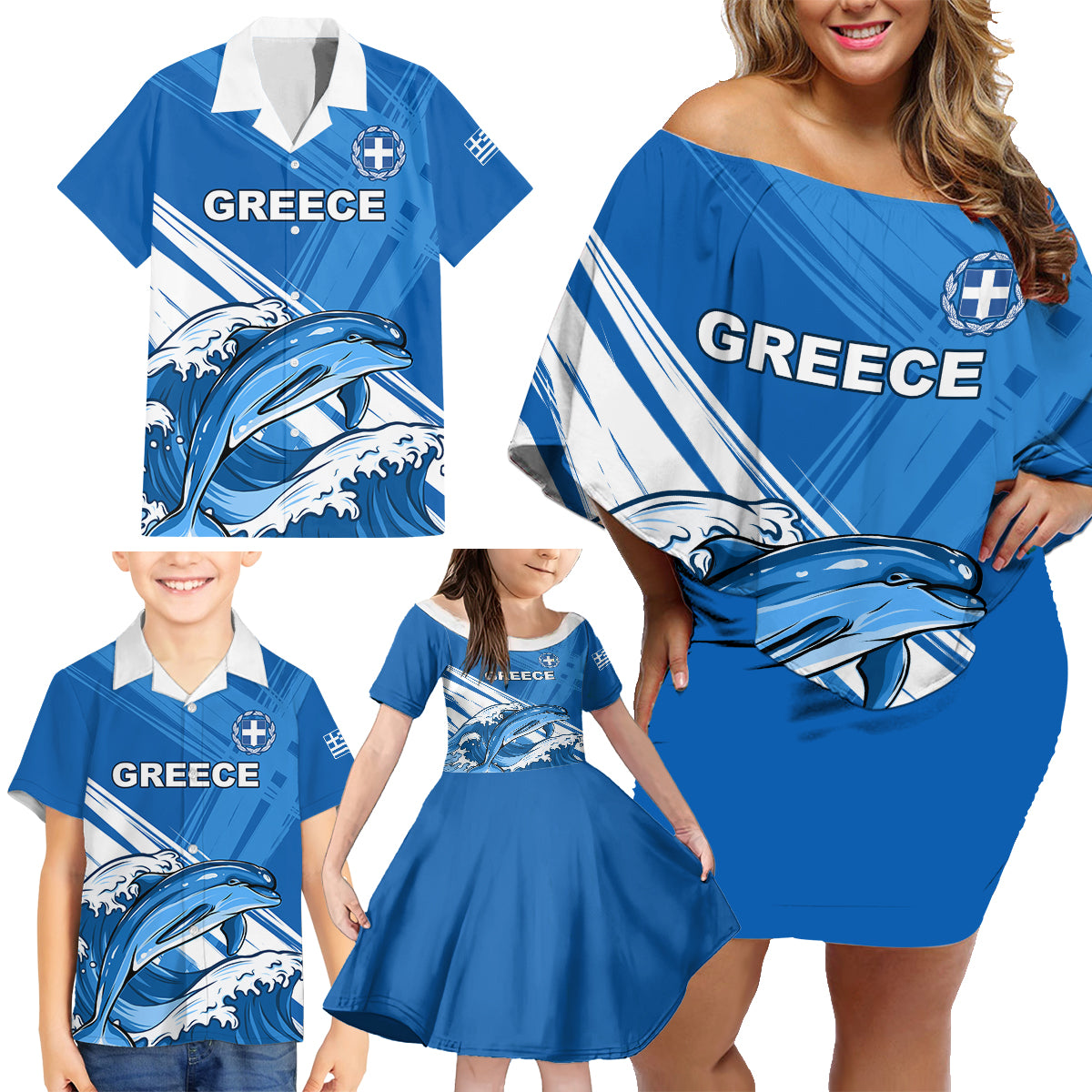 Greece Independence Day Family Matching Off Shoulder Short Dress and Hawaiian Shirt Eleftheria i Thanatos Dolphin Jumping - Wonder Print Shop