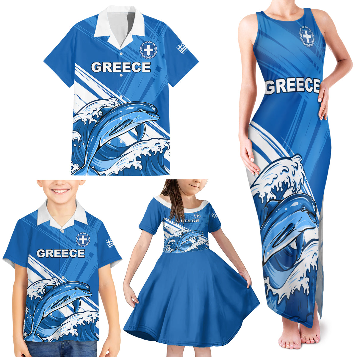 Greece Independence Day Family Matching Tank Maxi Dress and Hawaiian Shirt Eleftheria i Thanatos Dolphin Jumping - Wonder Print Shop