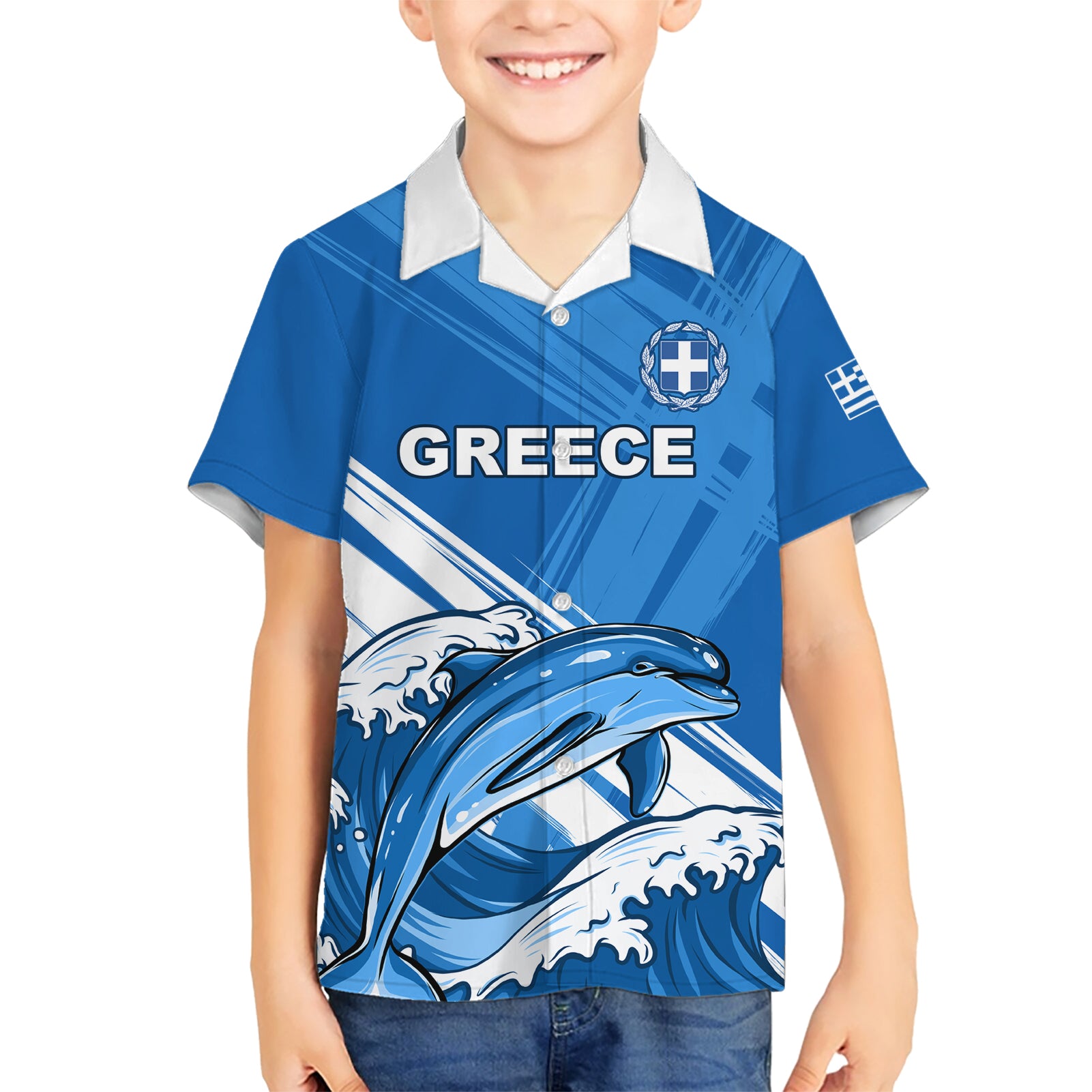 Greece Independence Day Kid Hawaiian Shirt Eleftheria i Thanatos Dolphin Jumping - Wonder Print Shop