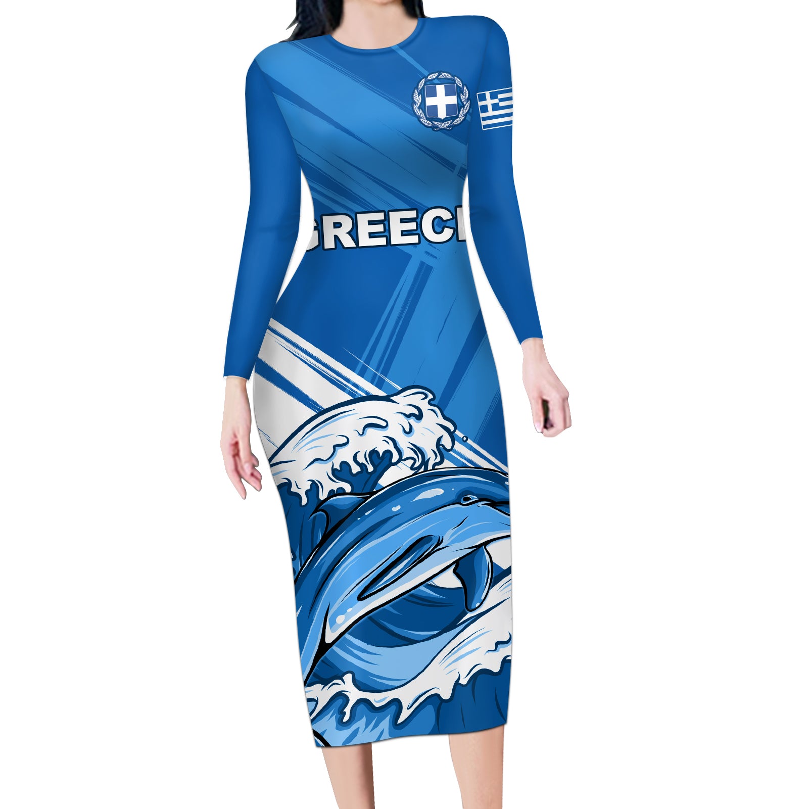 Greece Independence Day Long Sleeve Bodycon Dress Eleftheria i Thanatos Dolphin Jumping - Wonder Print Shop