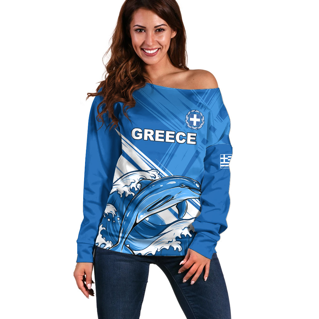 Greece Independence Day Off Shoulder Sweater Eleftheria i Thanatos Dolphin Jumping - Wonder Print Shop