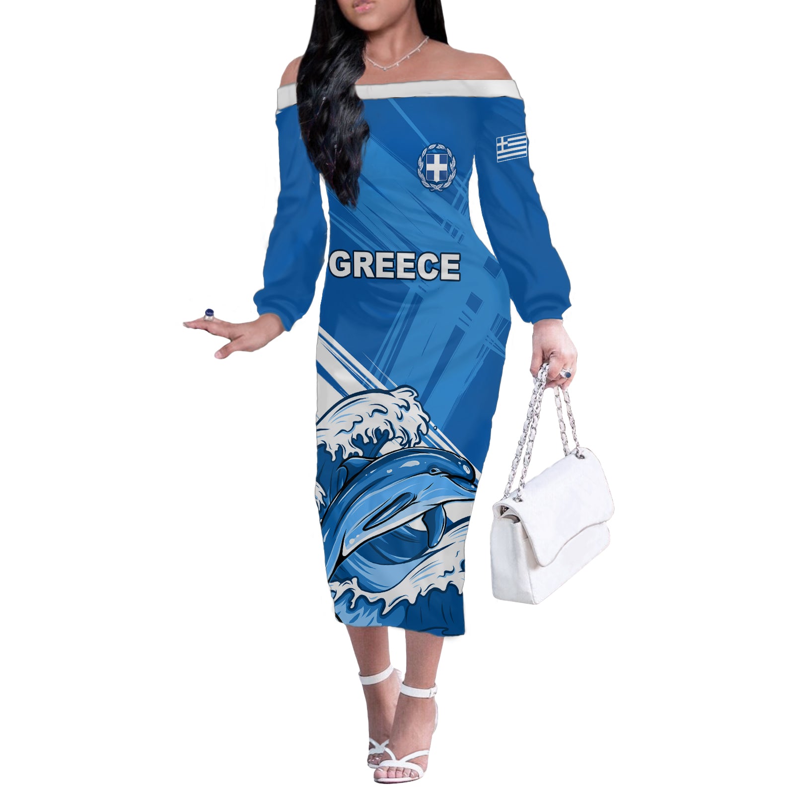 Greece Independence Day Off The Shoulder Long Sleeve Dress Eleftheria i Thanatos Dolphin Jumping - Wonder Print Shop