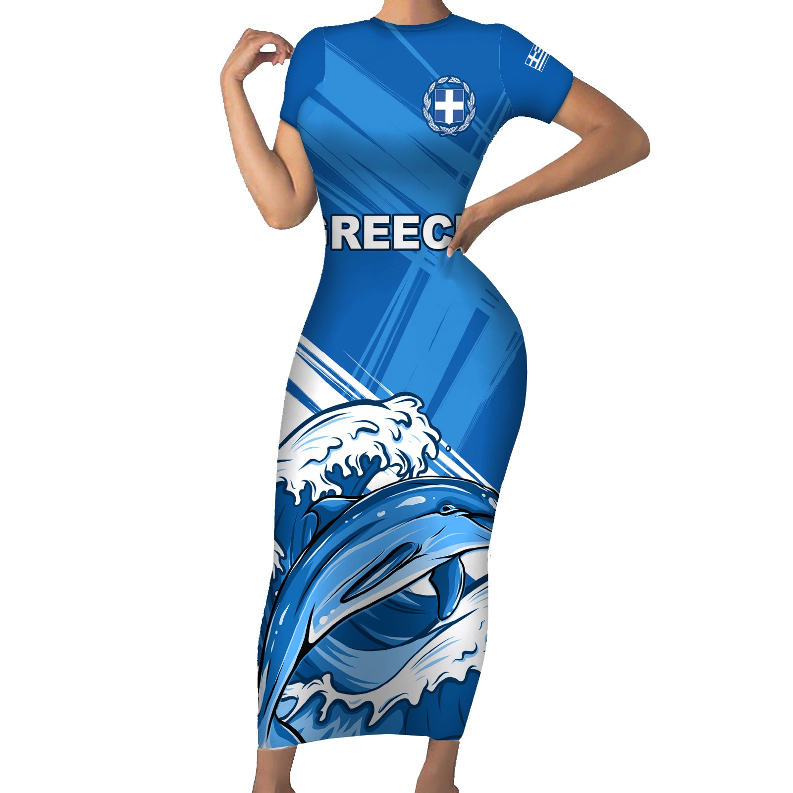 Greece Independence Day Short Sleeve Bodycon Dress Eleftheria i Thanatos Dolphin Jumping - Wonder Print Shop