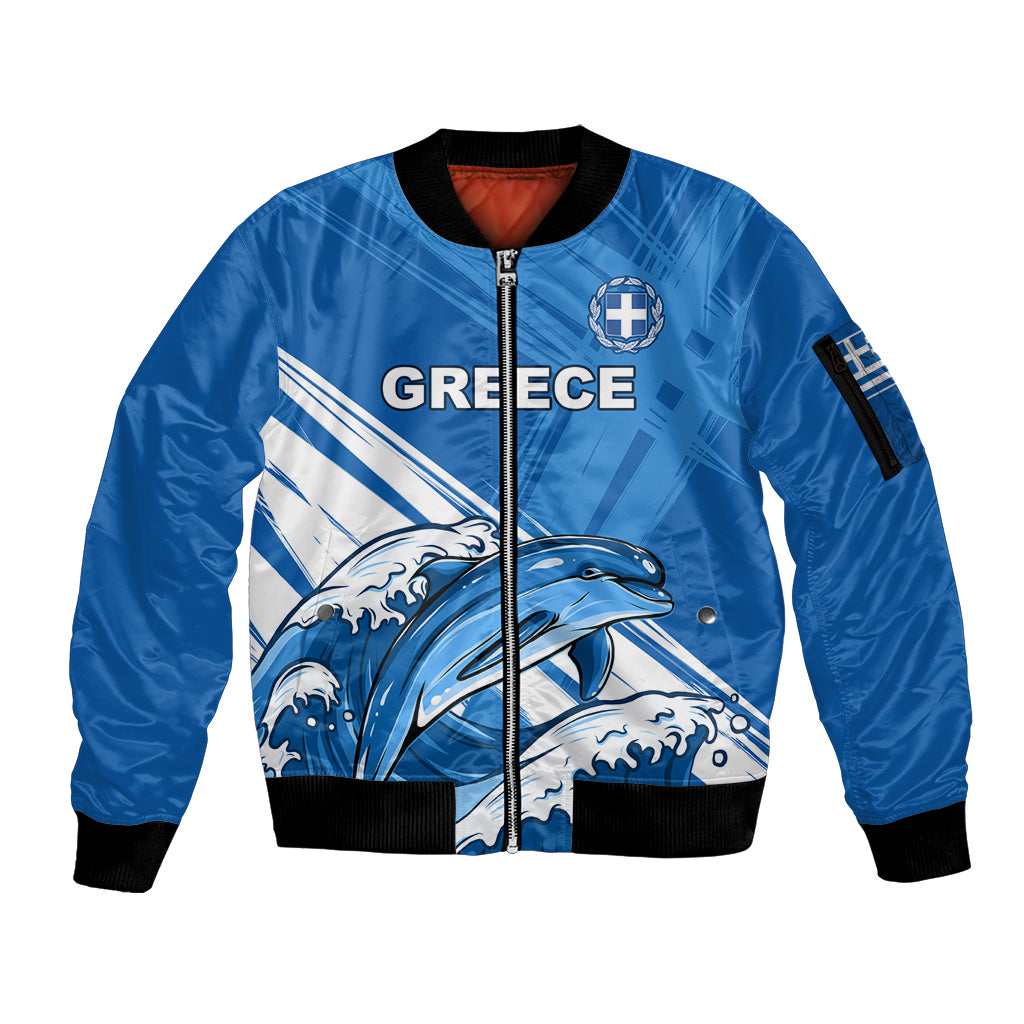 Greece Independence Day Sleeve Zip Bomber Jacket Eleftheria i Thanatos Dolphin Jumping - Wonder Print Shop