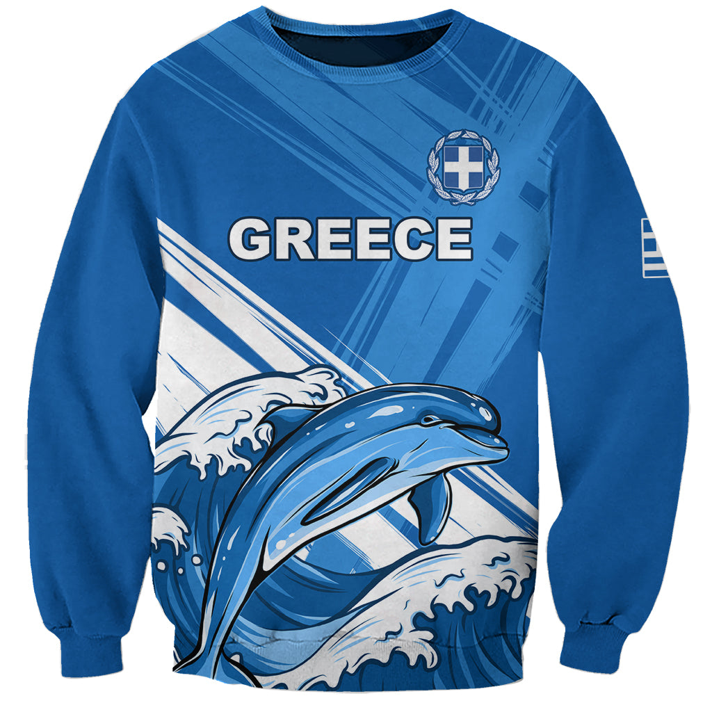 Unisex blue sweatshirt with dolphin jumping graphic and Greece lettering