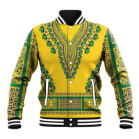 Yellow dashiki baseball jacket with green patterned yoke, striped collar, ribbed cuffs