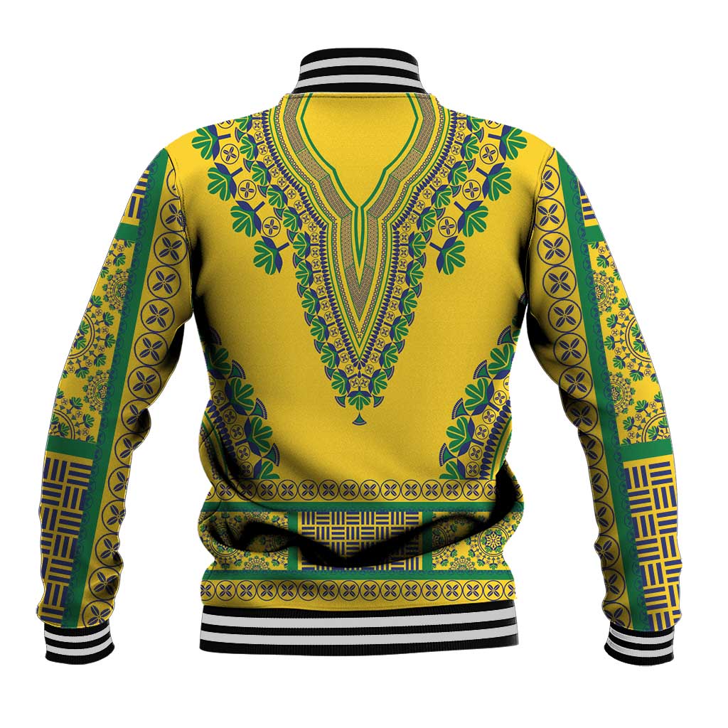 Yellow dashiki baseball jacket back with green graphic panel, striped collar, ribbed hem