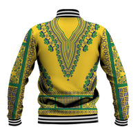 Yellow dashiki baseball jacket back with green graphic panel, striped collar, ribbed hem
