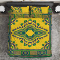 Yellow dashiki bedding set with green and blue geometric pattern, including two pillowcases
