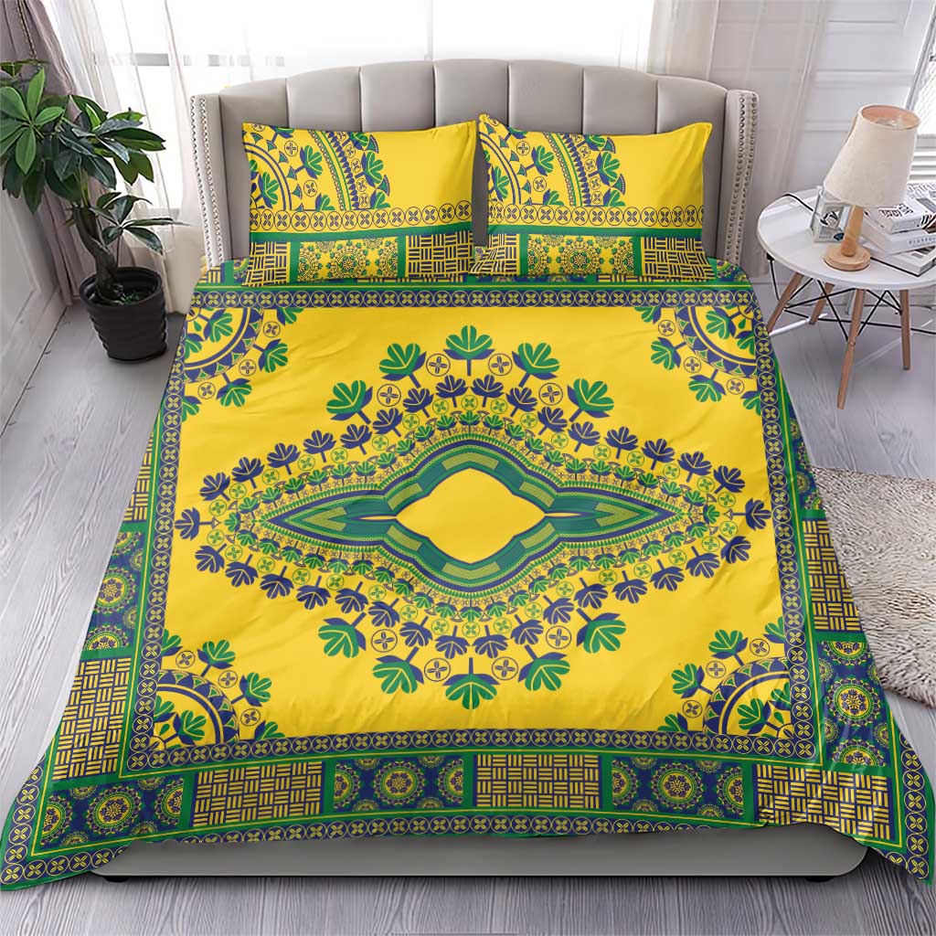 Yellow dashiki bedding set on bed, two matching pillowcases with green and blue border print