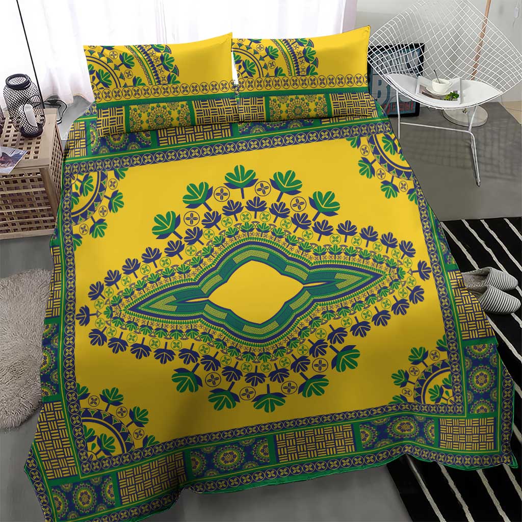 Yellow dashiki duvet cover with green and blue decorative medallion and matching pillowcases