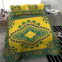 Yellow dashiki duvet cover with green and blue decorative medallion and matching pillowcases