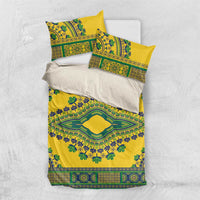Yellow dashiki bedding set with embroidered-style medallion print and two square pillowcases