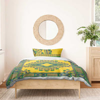 Yellow dashiki bedding set with green and blue medallion center and matching pillowcases