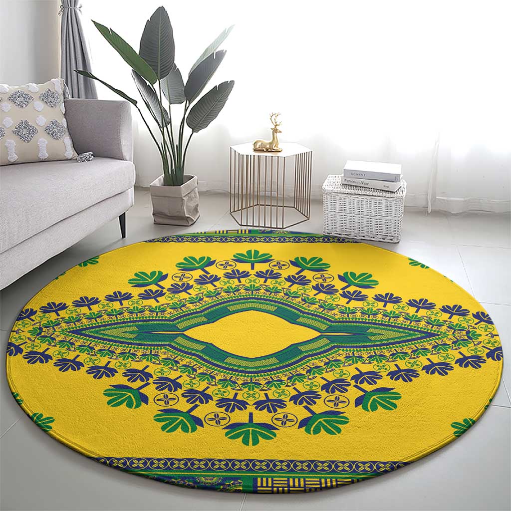 Yellow round carpet with central green diamond and blue leaf motifs