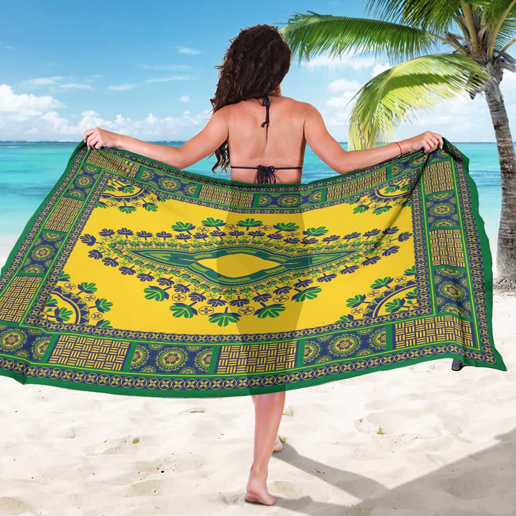 Yellow and green sarong viewed from back, wide border and central medallion