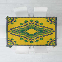 Yellow dashiki tablecloth with blue-green border and ornate central motif