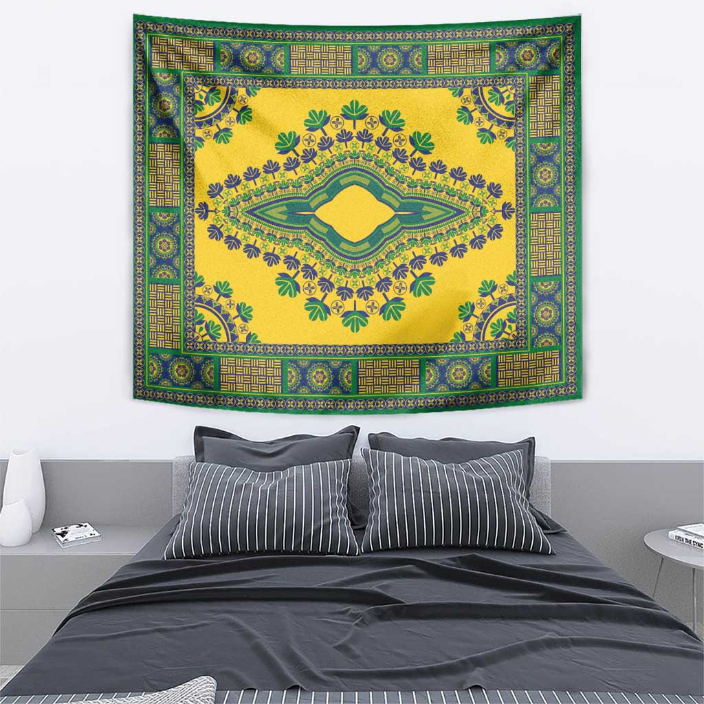Yellow wall tapestry with teal, green, and blue decorative border and center medallion