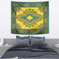 Yellow wall tapestry with teal, green, and blue decorative border and center medallion