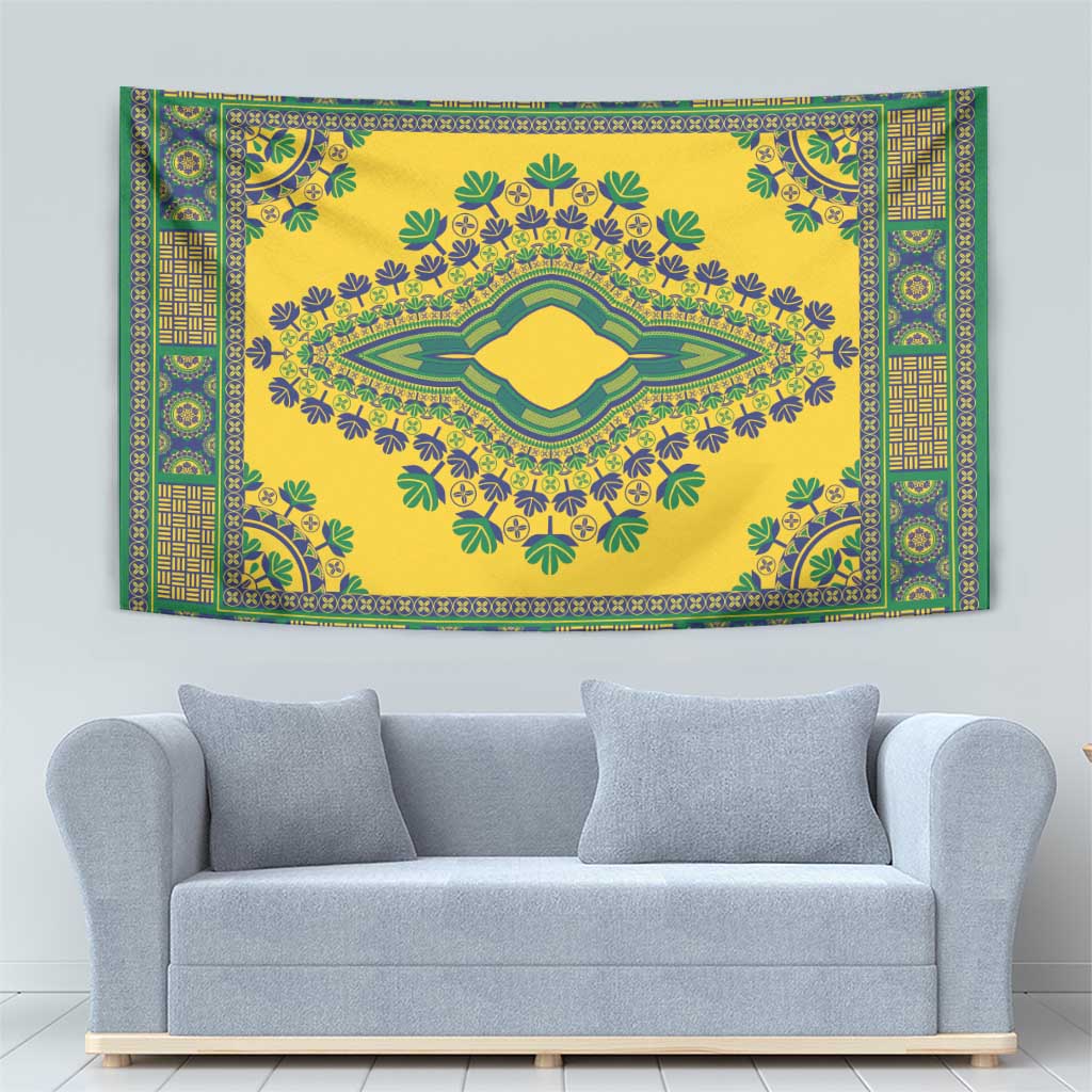 Yellow wall tapestry with teal and green botanical motif, blue accents, and central medallion