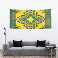 Yellow tapestry wall hanging with teal-green framed design and floral vine pattern