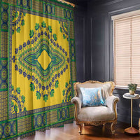 Yellow dashiki window curtain panel with large teal medallion and floral motifs