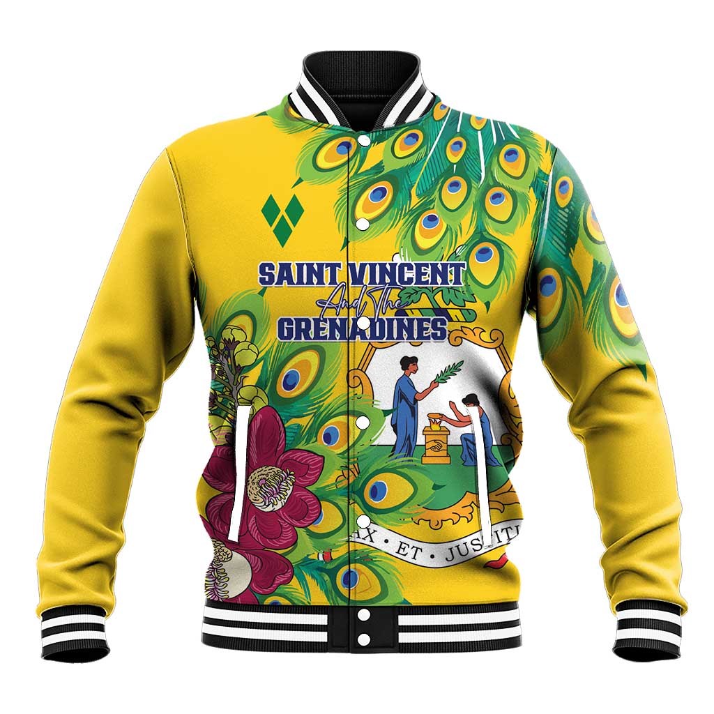 Personalized Saint Vincent and the Grenadines Baseball Jacket Stylized Peacock Feather Royal