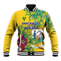 Yellow baseball jacket with striped collar and peacock feather front graphic