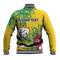 Yellow baseball jacket back with striped ribbing and peacock feather floral graphic, Your text