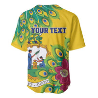 Yellow baseball jersey with peacock-feather print and YOUR TEXT on the back