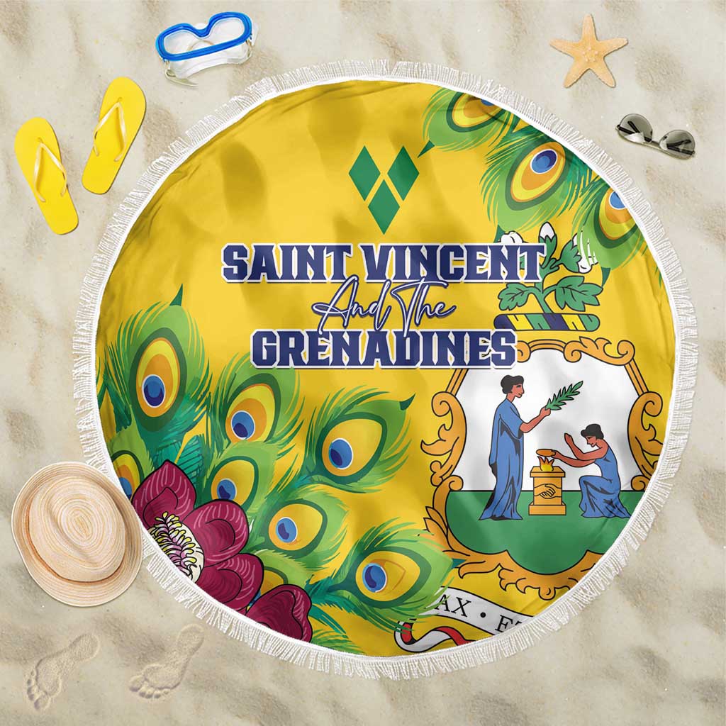 Yellow round beach blanket with peacock feather print and tassel fringe edge