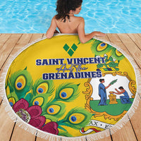 Yellow round beach blanket with peacock feather pattern and tassel fringe