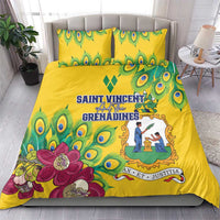 Yellow duvet cover with peacock feathers, purple hibiscus flowers, and central emblem