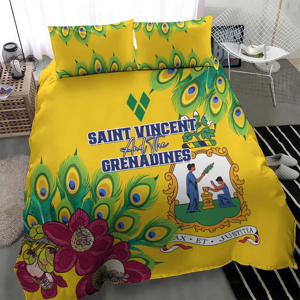 Yellow bedding set with peacock feather print, purple flower corner, central emblem