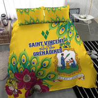 Yellow bedding set with peacock feather print, purple flower corner, central emblem