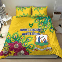 Yellow bed set with peacock eye pattern, purple flower detail, and logo text emblem