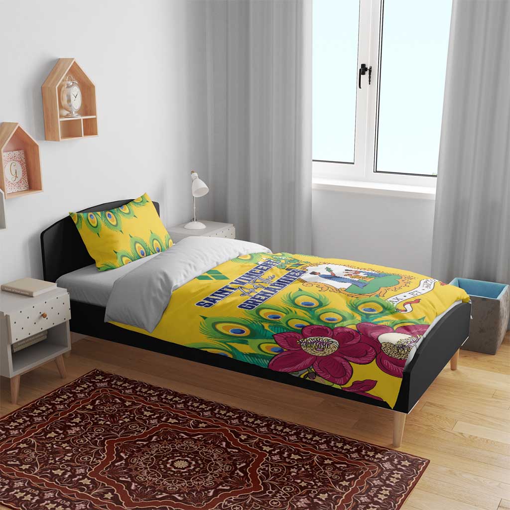 Yellow bedding set with peacock feather and purple flower print, includes comforter and pillows